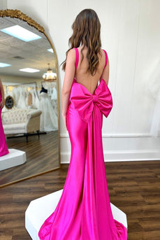 Fuchsia Corset Backless Long Formal Dress with Bow