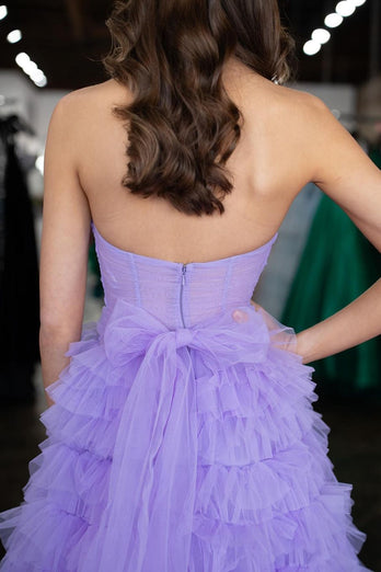 Lilac Strapless Tiered Long Formal Dress with Bow