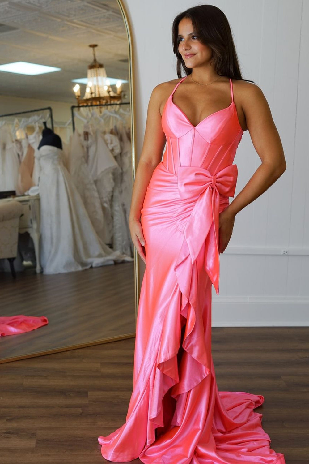 Hot Pink Corset Bownot Long Formal Dress with Ruffles