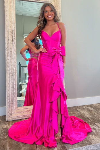 Hot Pink Corset Bownot Long Formal Dress with Ruffles