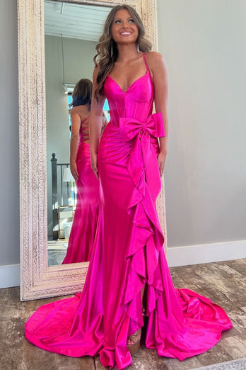 Hot Pink Corset Bownot Long Formal Dress with Ruffles