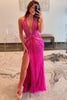 Load image into Gallery viewer, Sparkly Fuchsia Beaded Backless Long Formal Dress with Slit