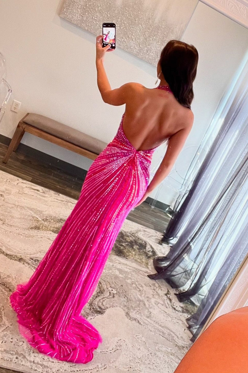 Load image into Gallery viewer, Sparkly Fuchsia Beaded Backless Long Formal Dress with Slit