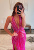 Load image into Gallery viewer, Sparkly Fuchsia Beaded Backless Long Formal Dress with Slit