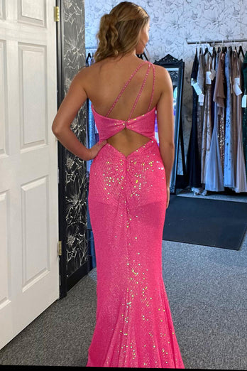 Sparkly Fuchsia One Shoulder Sequined Long Formal Dress