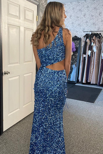 Sparkly Sky Blue Cutout One Shoulder Long Formal Dress