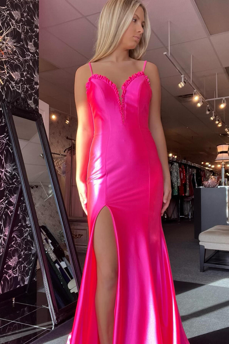 Load image into Gallery viewer, Fuchsia Mermaid Spaghetti Straps Long Formal Dress with Slit