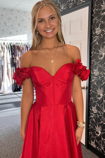 Red Corset Off The Shoulder Long Formal Dress with Slit