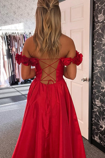 Red Corset Off The Shoulder Long Formal Dress with Slit