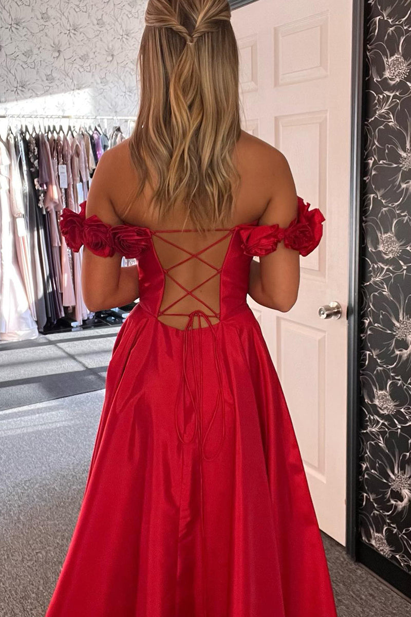 Load image into Gallery viewer, Red Corset Off The Shoulder Long Formal Dress with Slit