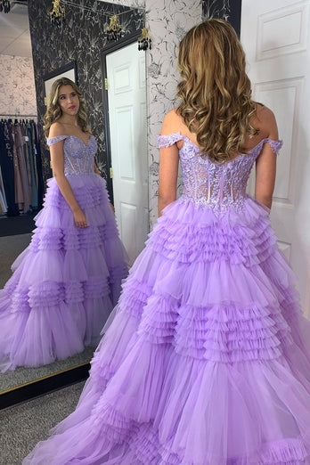 Lilac Corset A-Line Tiered Long Formal Dress with Lace