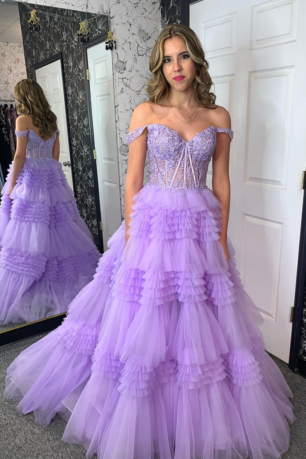 Lilac Corset A-Line Tiered Long Formal Dress with Lace