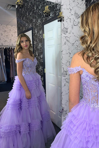 Lilac Corset A-Line Tiered Long Formal Dress with Lace