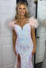 Load image into Gallery viewer, Sparkly Light Pink Appliqued Long Formal Dress with Feathers