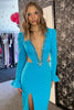 Load image into Gallery viewer, Sparkly Blue Beaded V-Neck Open Back Long Formal Dress with Slit