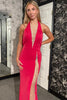 Load image into Gallery viewer, Hot Pink Halter Mermaid Long Formal Dress with Lace