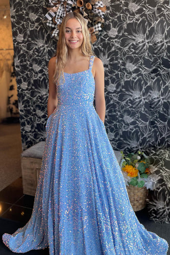 Sparkly Blue A-Line Sequined Long Formal Dress