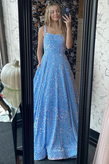 Sparkly Blue A-Line Sequined Long Formal Dress