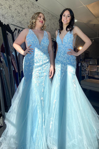 Blue Mermaid V-Neck Long Formal Dress with Appliques