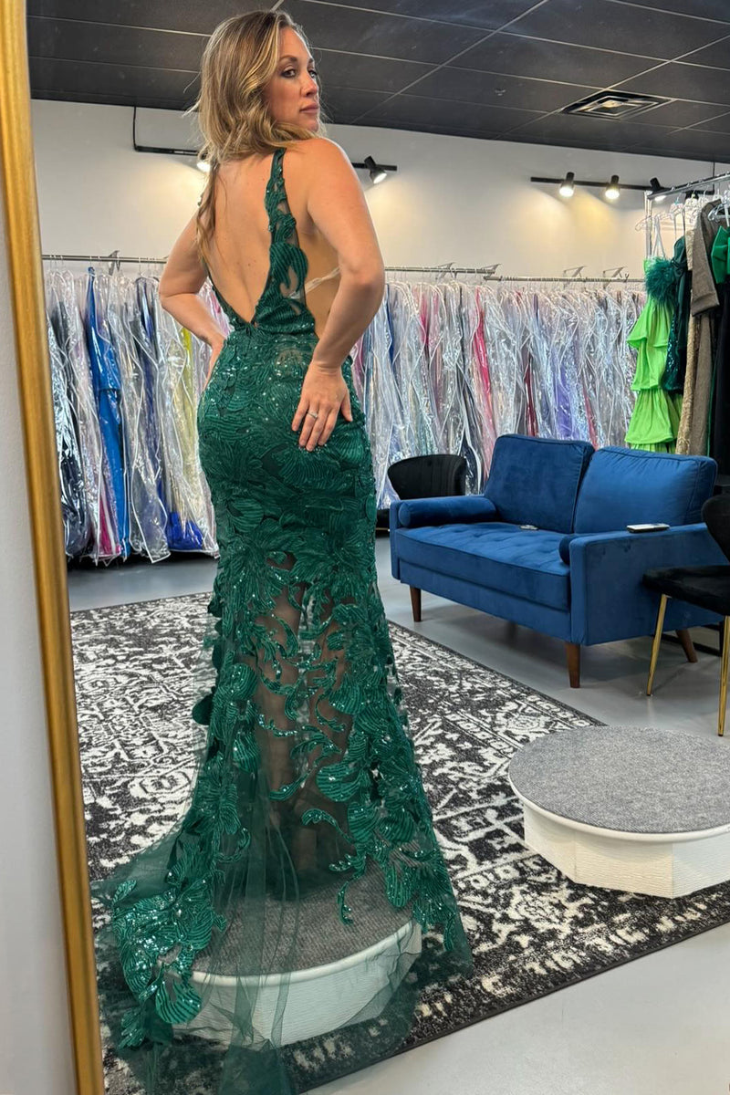 Load image into Gallery viewer, Sparkly Dark Green Mermaid Appliqued Long Formal Dress