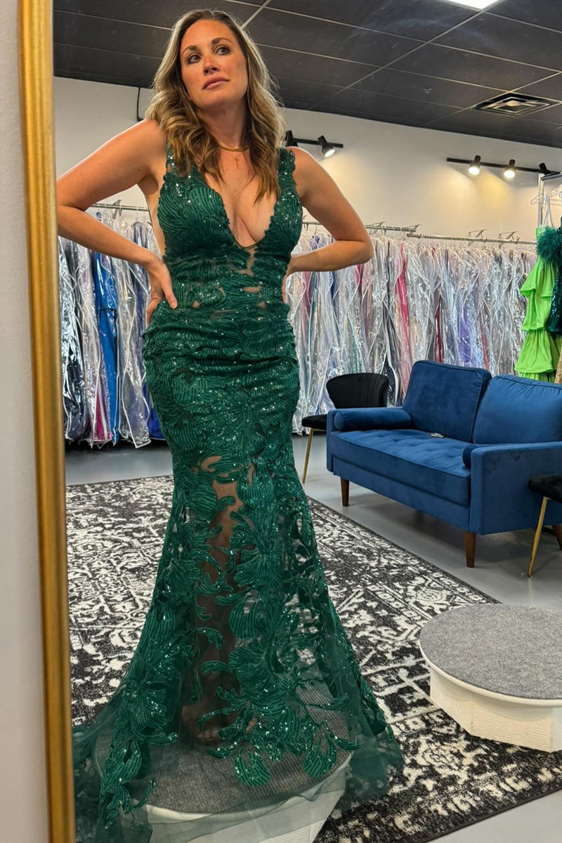 Load image into Gallery viewer, Sparkly Dark Green Mermaid Appliqued Long Formal Dress