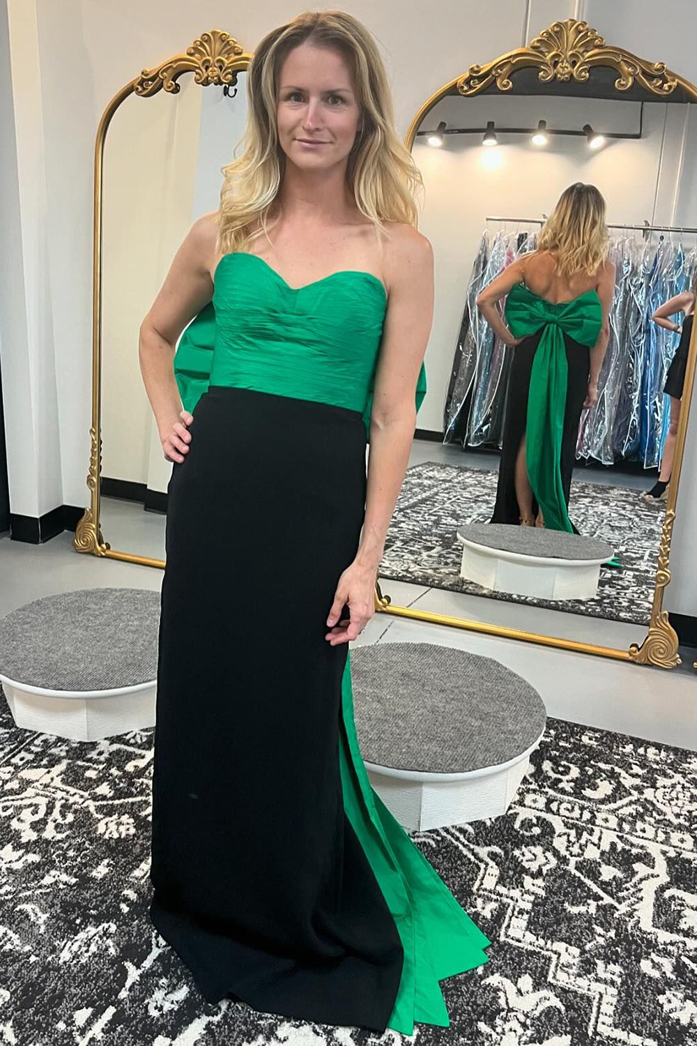 Black Green Strapless Mermaid Long Formal Dress with Bow