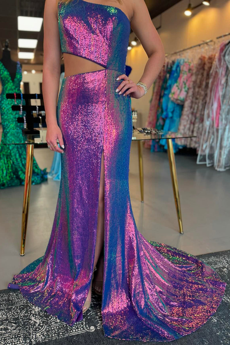 Load image into Gallery viewer, Sparkly Purple One Shoulder Cutout Long Sequin Formal Dress