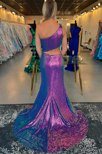 Sparkly Purple One Shoulder Cutout Long Sequin Formal Dress