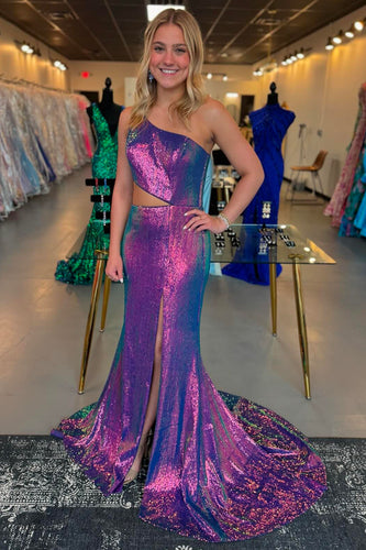 Sparkly Purple One Shoulder Cutout Long Sequin Formal Dress