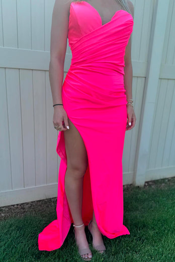 Hot Pink Strapless Mermaid Ruched Long Formal Dress