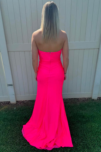 Hot Pink Strapless Mermaid Ruched Long Formal Dress