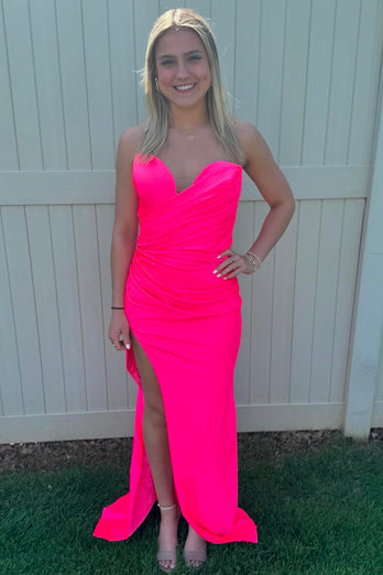 Hot Pink Strapless Mermaid Ruched Long Formal Dress