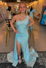 Load image into Gallery viewer, Sparkly Light Blue One Shoulder Long Formal Dress with Fringes