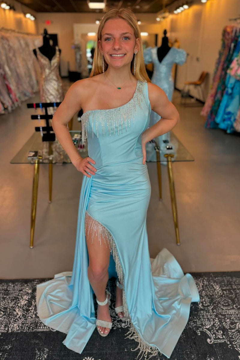 Load image into Gallery viewer, Sparkly Light Blue One Shoulder Long Formal Dress with Fringes