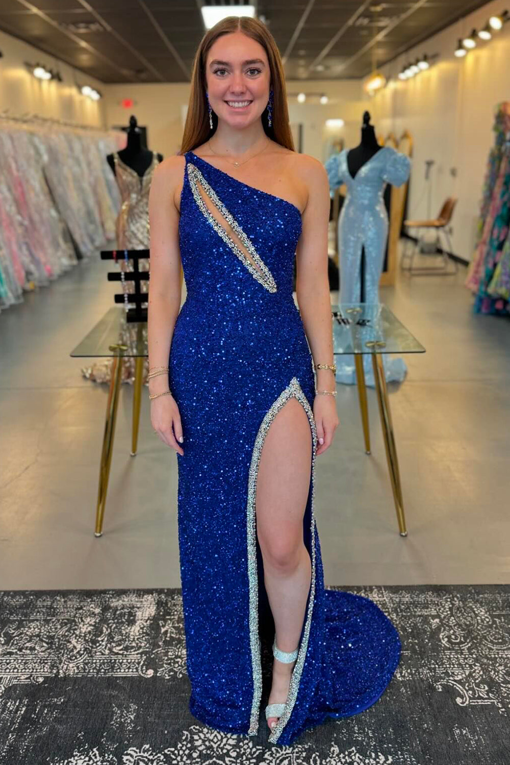 Sparkly Royal Blue One Shoulder Long Formal Dress with Beading