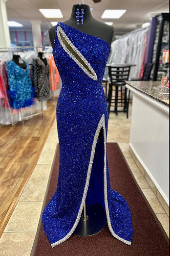 Sparkly Royal Blue One Shoulder Long Formal Dress with Beading