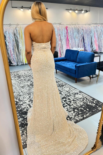 Sparkly Champagne Halter Long Formal Dress with Slit