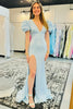 Load image into Gallery viewer, Sparkly Blue Puff Sleeves Open Back Long Formal Dress with Slit