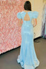 Load image into Gallery viewer, Sparkly Blue Puff Sleeves Open Back Long Formal Dress with Slit