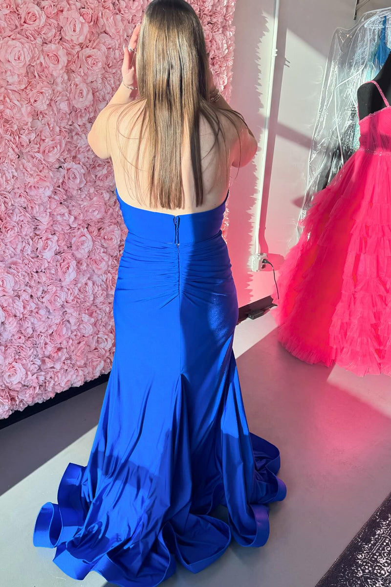 Load image into Gallery viewer, Royal Blue Halter Satin Long Formal Dress with Slit