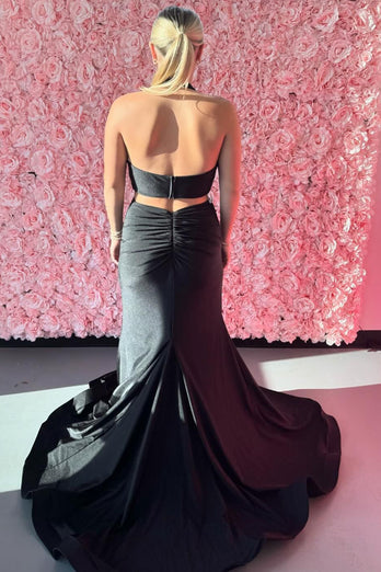 Black Mermaid Halter Cutout Long Formal Dress with Slit