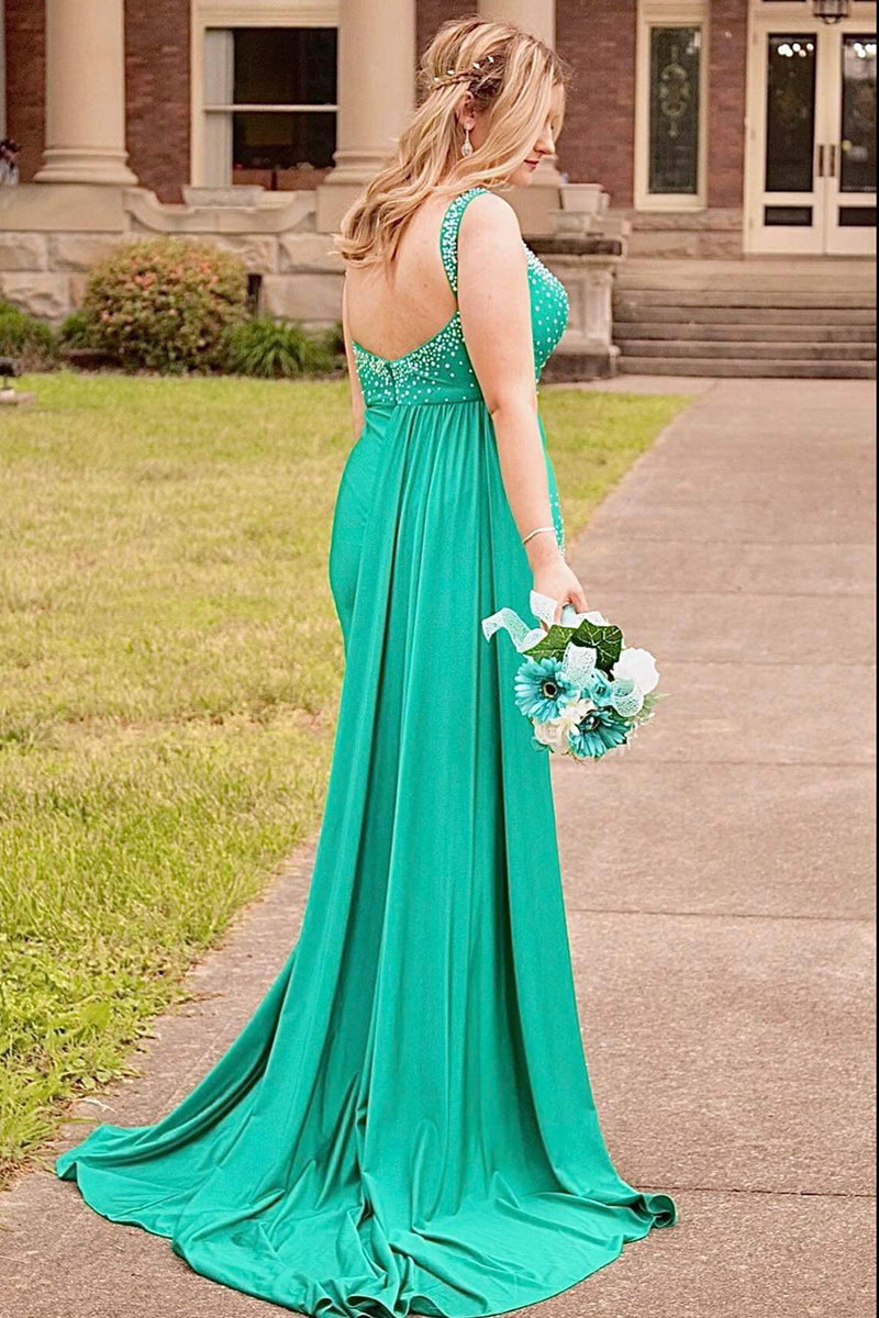 Load image into Gallery viewer, Glitter Green Beaded Mermaid Long Formal Dress with Slit