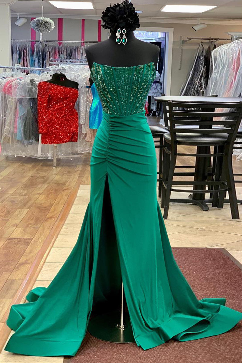 Load image into Gallery viewer, Sparkly Emerald Green Corset Strapless Long Formal Dress