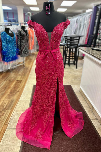 Sparkly Fuchsia Corset Off The Shoulder Long Formal Dress with Appliques