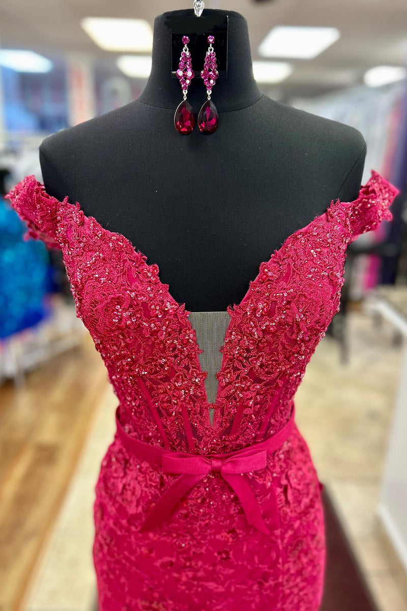 Load image into Gallery viewer, Sparkly Fuchsia Corset Off The Shoulder Long Formal Dress with Appliques