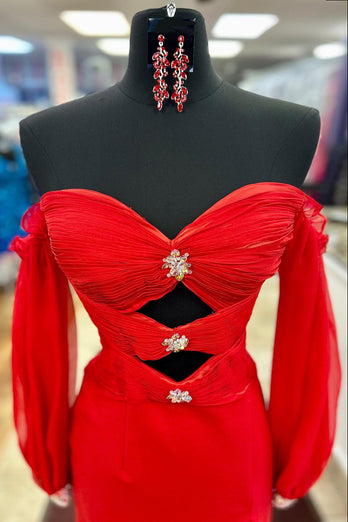 Sparkly Red Cutout Beaded Long Formal Dress with Sleeves