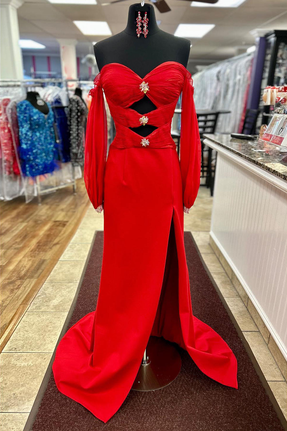 Sparkly Red Cutout Beaded Long Formal Dress with Sleeves