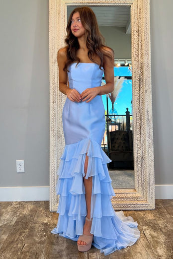 Blue Mermaid Tiered Long Formal Dress with Slit