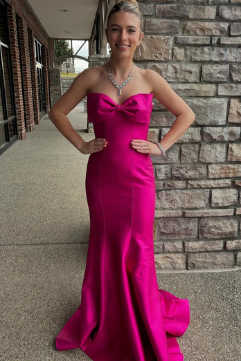 Fuchsia Mermaid Strapless Long Satin Formal Dress with Bow