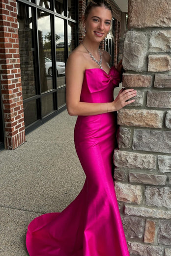 Fuchsia Mermaid Strapless Long Satin Formal Dress with Bow